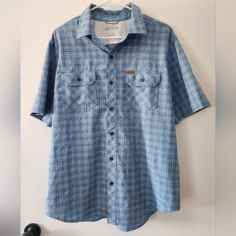 Orvis Button Up Shirt Mens Large Short Sleeve Pocket Fish Polyester Vented